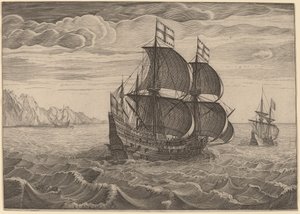 Skip i full seil med to flagg av Follower of Pieter Bruegel the Elder