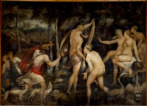 Diane (Artemis), jaktens gudinne, og Acteon, jegermaleri fra School of Fontainebleau (1500-tallet). Mål 2,65 x 3,67 m