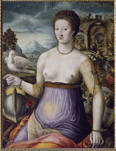 Allegorien om fred, eller Diane de Poitiers som holder en due Portrett av hertuginnen av Valentinois Diane de Poitiers (1499-1566), favoritten til kong Henry II av Frankrike. Maleri av School of Fontainebleau, XVI århundre. Firenze, Museo Nazionale del Bar