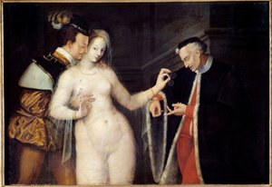Kvinnen mellom to aldre Scene som representerer en prostituert kurtisert av to menn i ulik alder. Maleri av School of Fontainebleau. 1588 Rennes, Museum of Fine Arts