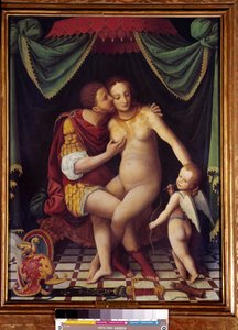 Venus og Mars Representasjon av de to gudene som kysser. Maleri av School of Fontainebleau. av det 16. århundre