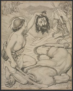 David og Goliath, tegneserie for glassmalerier ved Jesus College, Cambridge, 1872. av Ford Madox Brown