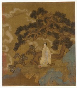 Dame under et knudret furutre av Formerly attributed to Zhou Wenju