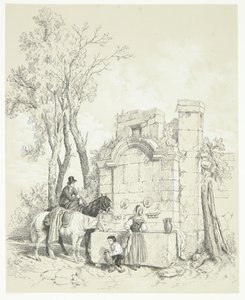 En mann vanner hester ved en brønn, mens en kvinne henter vann og en gutt hjelper henne av Fortuné Ferogio