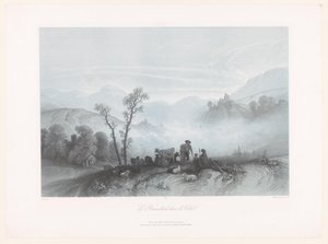 Hyrder med kyr og sauer i en tåkete dal Le Brouillard dans la Vallée (tittel på objekt) av Fortuné Ferogio