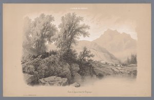 Militær prosesjon går gjennom et fjellandskap Studier av figurer i et landskap (serietittel) L'Album de Férogio. Études de figures dans les Paysages (serietittel på objekt) av Fortuné Ferogio