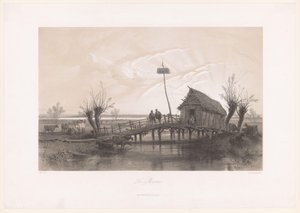 Sumplandskap med kuer og figurer ved et hus med bro Le Marais (tittel på objekt)