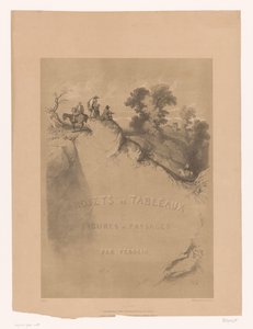 Titteltrykk med steinete landskap og reisende langs en kløft Landskap og figurstudier av Férogio (serietittel) Projets de tableaux de figures et paysages, par Férogio (serietittel på objekt)