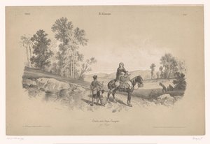 Kvinne på hest med mann og barn i et landskap Studier av landlige scener med to typer kritt (serietittel) La kampanjen. Etude aux deux fargestifter, par Férogio (serietittel på objekt) av Fortuné Ferogio
