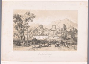 Utsikt over en landsby med et beistmarked i en dal Le Marché aux Bestiaux (tittel på objekt) av Fortuné Ferogio