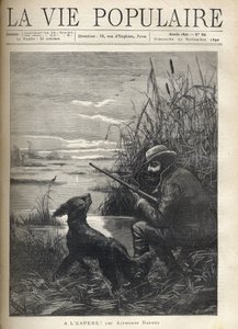 En fuglejeger ser på i en myr med hunden sin. Illustrasjon av F. Meaulle for "" Hopefully! "" av Alphonse Daudet (1840-1897). Gravering fra 1890 i "La vie populaire". Privat samling av Fortune Louis Meaulle
