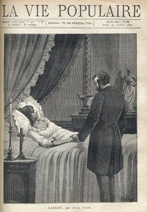 A man overwhelmed with sadness, standing at the bedside of a bed, he holds the hand of his lovely dead woman. On the bedside table, a candle lights and a crucifix. On the lintel of the fireplace, a cup and a woman