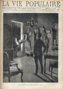 En mann overrasker en inntrenger hjemme midt på natten. Illustrasjon av F. Meaulle etter B. Borione for "" Hvem vet? "" av Guy de Maupassant (1850-1893). Gravering fra 1890 i "La vie populaire". Privat samling av Fortune Louis Meaulle
