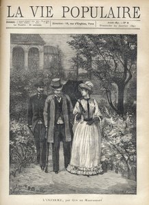 En mann med bequilles går sammen med en elegant ung kvinne i smugene i en park. En annen mann følger etter dem. Illustrasjon av Fortune Louis (Fortune-Louis) Meaulle for "" L