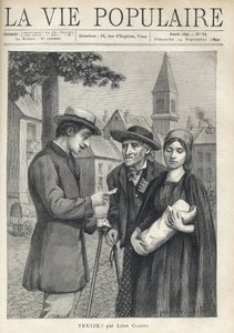 En sykepleier som holder et nytt svøp, akkompagnert av sin far, en gammel bonde, møter med et bestemt blikk en mann fra borgerskapet, som nøye leser en avis, på torget i en provinslandsby. Illustrasjon av Rene Schutzenberger (1860-1916), for Thir av Fortune Louis Meaulle