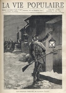 A soldier, carrying all his barda, a bayonet rifle and waving a lantern in front of the closed door of a town house. Behind him, near the Iron Cross, the rest of the troupe arrives to join him. Illustration of Montegut (?) , for Les Francs Shoirers by Alph av Fortune Louis Meaulle