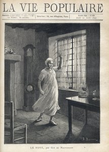 En kvinne i skjorte og natthette, med ansiktet fullt av frykt, triste øyne og løftet hånd, reiser seg barbeint foran vinduet til huset sitt, der man ser mattene til båtene. Inni en klokke, et fuglebur og små møbler. Illustrasjon av av Fortune Louis Meaulle