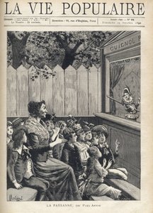 En kvinne i midten av en gruppe barn applauderer et dukketeater (Guignol). Illustrasjon av Fortune Meaulle av Montegut for "The peasant" av Paul Arene (1843-1896). Gravering i «La vie populaire»» av Fortune Louis Meaulle