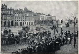 Avgang fra Bordeaux-Paris (Bordeaux Paris) sykkelritt i 1891 - gravering av Meaulle fra 1891 av Fortune Louis Meaulle