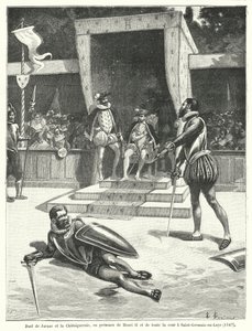 Duell mellom Guy Cabot de Jarnac og Francois de Vivonne, Seigneur de la Chataigneraie foran kong Henry II av Frankrike og hele hoffet hans ved St Germain-en-Laye