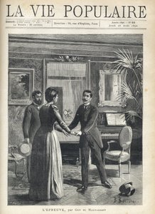 In a bourgeois living room, a man rises precipitation towards the mistress of the house and grabs her hands, dropping his hat on the floor, under the astonishing gaze of another man. Illustration by Bernard Borione (1865-20th century), for the test by Guy  av Fortune Louis Meaulle