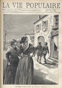 I gatene i en landsby i Provence snur to pene kvinner i provençalske kjoler tilbake til gaten for å konfrontere en mann som vender seg selvsikkert mot øynene deres. Illustrasjon av Montegut for The Popular Man av Frederic Mistral (1830-1914). Gravering av  av Fortune Louis Meaulle