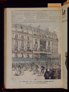 Starten på sykkelrittet Paris-Brest foran kontorene til 'Le Petit Journal', illustrasjon fra magasinet med samme navn, 15. september 1891 av Fortune Louis Meaulle
