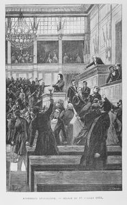 Victor Hugo (1802-85) ved den lovgivende forsamling holdt en tale om revisjon av grunnloven 17. juli 1851, ca. 1885