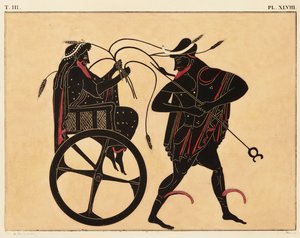 Trykk av dekorasjonen på en gresk amfora, som viser Triptolemus og Hermes, ca. 1858 (akvarell og kroppsfarge over litho på vevd papir) av Fourquemin Fourquemin