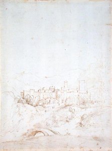 En italiensk Hill Town (recto) (penn, brunt og svart blekk på papir) (for verso se 152661) av Fra Bartolomeo