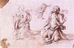 Tre studier av en kvinneskikkelse for Kvinnen i Samaria (penn og blekk på papir) av Fra Bartolomeo