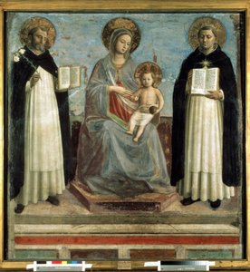 ""Madonna og barn omgitt av Saint Dominic de Guzman (1170-1221), grunnlegger av den dominikanske orden og Saint Thomas Aquinas (1225-1274) kirkens doktor"" (Jomfruen og barnet med Sts Dominic og Thomas Aquinas) Valpesyke på mistelteintre