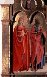 Jomfru og barn tronet med fire engler, detalj av St. Johannes evangelisten og Maria Magdalena, fra Polittico di San Domenico (detalj av 43910) av Fra (c.1387 1455) Angelico