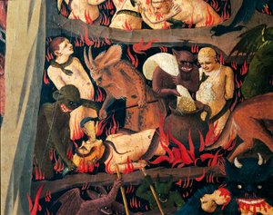 Helvete med demoner som straffer grådige, detalj fra Last Judgment av Giovanni da Fiesole kjent som Fra Angelico (1400-cirka 1455), tempera på tre