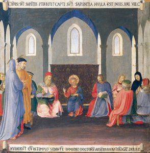 Innfelt som skildrer striden med legene i tempelet, panel fra Armadio degli Argenti (sølvkiste) med Jesu liv av Fra (c.1387 1455) Angelico
