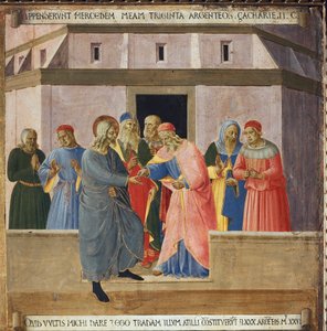 Judas gikk til yppersteprestene og gikk med på å overlevere Jesus i bytte mot tretti sølvmynter. Life of Christ, Armadio degli Argenti. (Tempera på tre