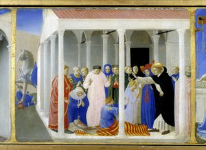 Die Heilige Dominica (1170 - 1221) erweckt Napoleone Orsini zum Leben, der untere Teil (die Predella) der „Krönung der Jungfrau“ zeigt Christus am Grab und sechs Episoden aus dem Leben der Heiligen Dominica, Gründerin des Ordens, zu dem der Angelicode gehö von Fra  Angelico