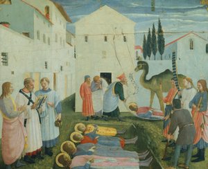 The Burial of Saints Cosmas and Damian, predella-bilder som skildrer historien om Saint Cosmas og Saint Damian fra San Marco altertavle, ca. 1443 (tempera på tre)