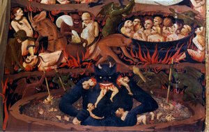 The Last Judgment: detalj av underverdenen. Forbannelser i de helvetes kretser, tortur av demoner. Detalj av en detrempe på tre av Guido di Pietro (eller Fra Giovanni da Fiesole) dit Fra Angelico eller il Beato (1387-1455)