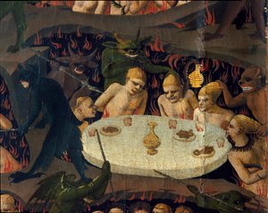 Den endelige dommen: jævlene blir mishandlet av demoner i underverdenen. Maleri av Guido di Pietro (eller Fra Giovanni da Fiesole) dit Fra Angelico ou il Beato (1400-1455)