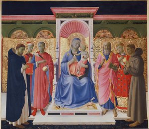 Jomfru og barn med seks helgener, Peter, Cosmas og Damian, St John, St Lawrence og St Francis. Detalj av Annalena altertavle (Tremaleri