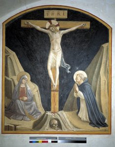 Korsfestelse med jomfru Maria og Saint Dominic. Inskripsjon "INRI" på korset 1442 av Fra Angelico