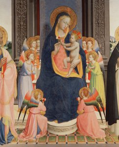 Detalj fra Politico Di San Domenico som viser jomfruen og barnet tronet med åtte engler, ca. 1422 (tempera på panel) (se også 43912, 238446) av Fra Angelico