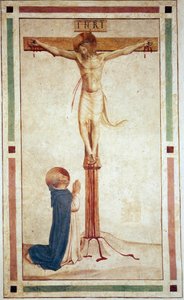 Korsfestelsen med Saint Dominic. Inskripsjon ""INRI"" på korset. Fresco av Guido di Pietro av Fra Angelico