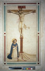 Korsfestelsen med Saint Dominic. Inskripsjon ""INRI"" på korset. Fresco av Guido di Pietro av Fra Angelico