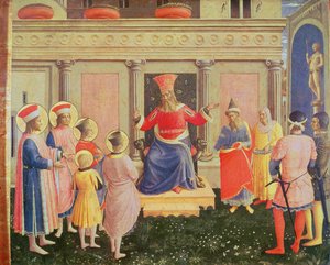 De hellige Cosmas og Damian og deres brødre foran prokonsul Lysias, fra predellaen til San Marco-altertavlen, 1438-40 (tempera på panel) av Fra Angelico