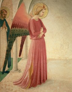 Bebudelsen, detalj om engelen Gabriel og St. Peter Martyren, freskomaleri fra 1442, se 72388