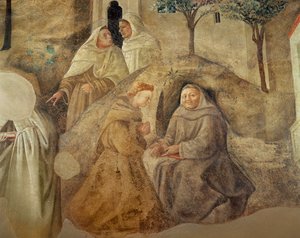 The Reform of the Carmelite Rule, detalj av fire karmelittbrødre, ca. 1422 freskomaleri fra 94764 av Fra Filippo Lippi
