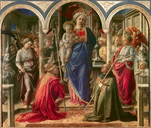 Jomfruen og barnet omgitt av engler, St. Frediano (Fridianus av Lucca eller Frigidanus, Frigidian, Frygian) og St. Augustine, kjent som Pala Barbadori, altertavle av Filippo Lippi (1406-1469) 1437-1 Sponset av Barbadori-familien for baren av Fra Filippo Lippi