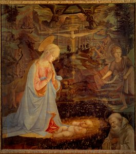 Jomfruen, Jesusbarnet, Døperen Johannes og Sankt Bernard av Clairvaux (San Bernardo di Chiaravalle) (1090 - 1153) Sistnevnte var grunnleggeren av Cistersians Orden og den første beskytter av Tempelherreordenen. Detrempe på w av Fra Filippo Lippi
